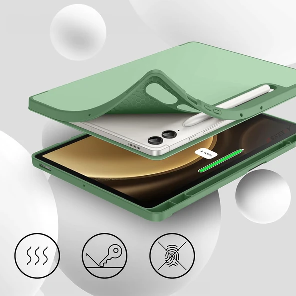 Samsung Galaxy Tab S9 Plus X810 12.4 İnç Kılıf Premium Silikon Kalem Bölmeli Smart Case  Yeşil - Resim 3