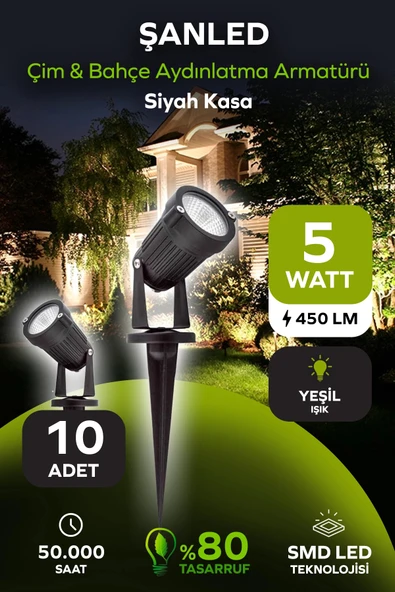5W YEŞİL IŞIK SİYAH KASA ÇİM BAHÇE AYDINLATMA ARMATÜRÜ 10 Adet