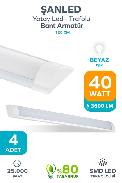120 Cm 40 Watt Yatay Led Bant Armatür-trafolu Beyaz Işık 4 Adet