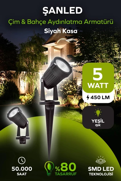 5W YEŞİL IŞIK SİYAH KASA ÇİM BAHÇE AYDINLATMA ARMATÜRÜ 1 Adet