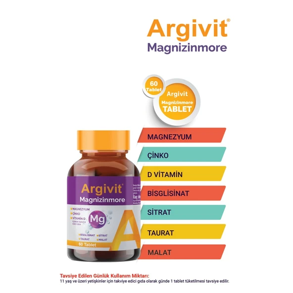 Argivit Magnizinmore Magnezyum Çinko ve Vitamin D İçeren Takviye Edici Gıda 60 Tablet ürün görseli