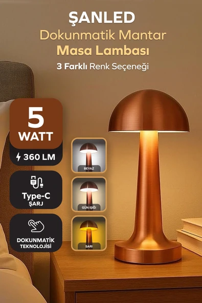 Bakır Renk Şarjlı LED Masa Lambası Type-C Girişli Dokunmatik 3 Işık Modlu Gece Aydınlatması