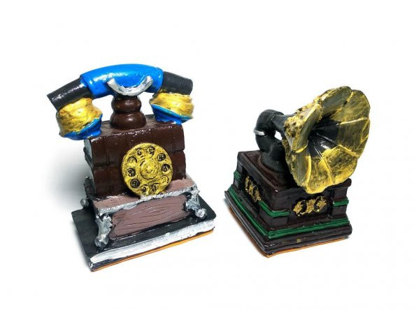 CajuArt Retro İkili Telefon Gramofon Eski Tip Biblo Set Süs Dekor - 4