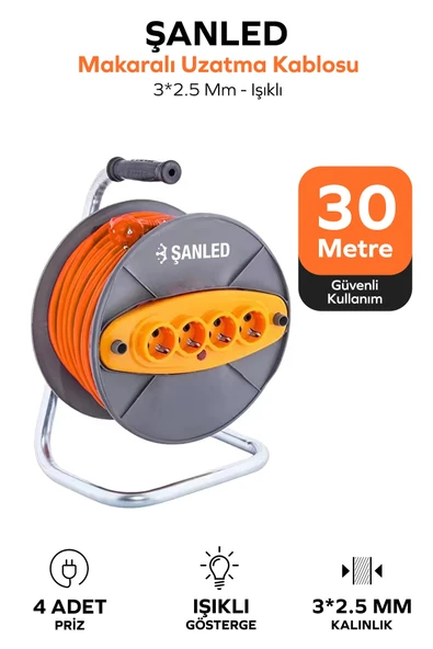 Makaralı 3x2,5 mm 4 Prizli Seyyar Kablo 30 Metre