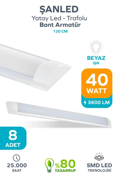 120 Cm 40 Watt Yatay Led Bant Armatür-trafolu Beyaz Işık 8 Adet
