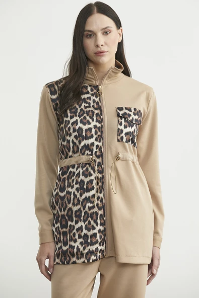 Leopar Kombinli Scuba Tunik Eşofman Takım - Bej - Resim 2