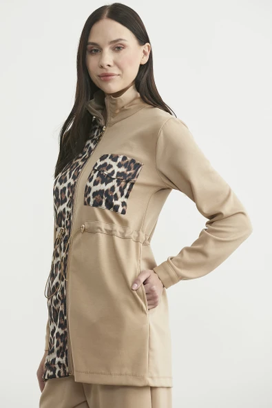 Leopar Kombinli Scuba Tunik Eşofman Takım - Bej - Resim 5