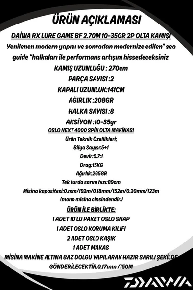 Daiwa RX Lure BF 270cm 10-35gr Oslo Next 4000 8 Örgü Spin Olta Seti - Resim 2