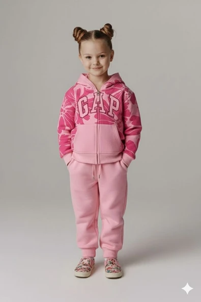 Nakışlı Kız Çocuk Takımı – Fermuarlı Kapüşonlu Sweatshirt & Eşofman Altı ürün görseli