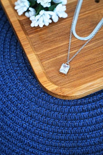 Bakla Model Zirkon Baget Taşlı Zincir Çelik Kolye - 4