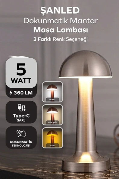 Krom Renk Şarjlı LED Masa Lambası Type-C Girişli Dokunmatik 3 Işık Modlu Gece Aydınlatması