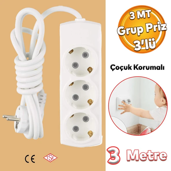 Kablolu 3'lü Topraklı Grup Priz Çoğaltıcı Çoçuk Korumalı 3 Metre Çoklu Uzatma Kablosu Anahtarsız - Resim 2