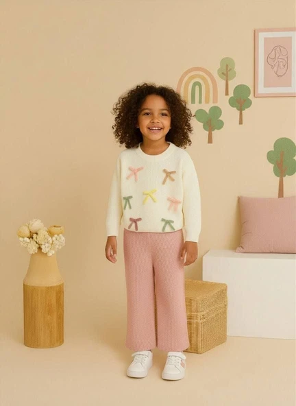 Fiyonk Aplikeli Triko Kız Çocuk Takımı – Bisiklet Yaka Kazak & Triko Pantolon