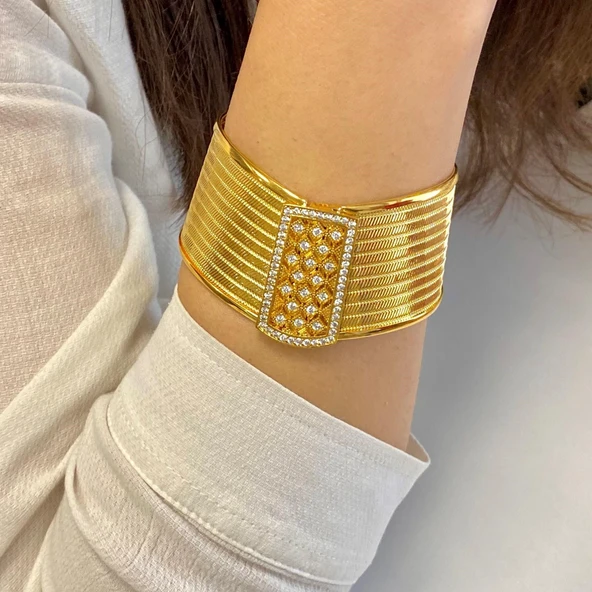 22 Altın Altın Kaplama Taşlı 9 Sıra Trabzon Kelepçe Bilezik - Resim 2