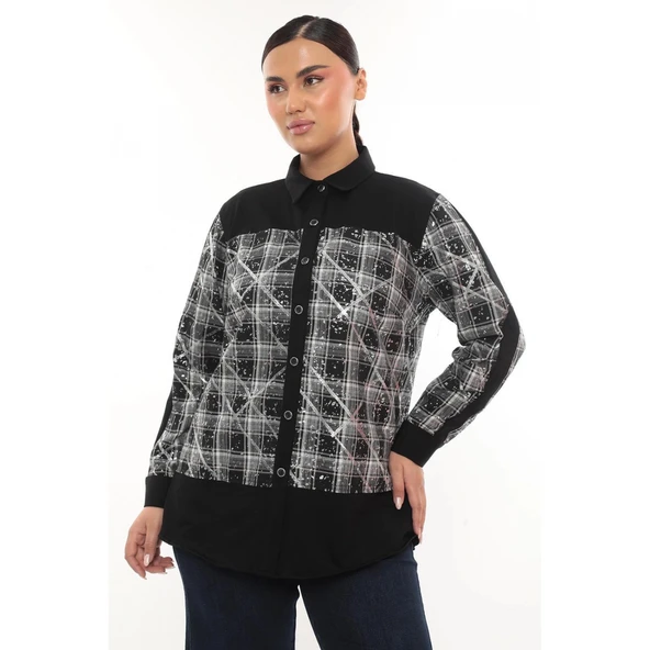 Şık Ekose Detaylı Uzun Kollu Büyük Beden Kadın Gömlek - Resim 4