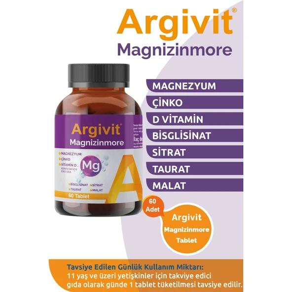 Argivit Magnizinmore Magnezyum Çinko ve Vitamin D İçeren Takviye Edici Gıda 60 Tablet - Resim 7