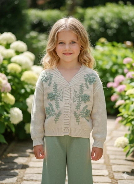 Çiçek Desenli Triko Kız Çocuk Takımı – V Yaka Hırka & Düz Triko Pantolon ürün görseli