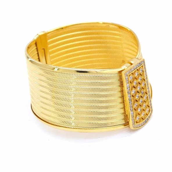 22 Altın Altın Kaplama Taşlı 9 Sıra Trabzon Kelepçe Bilezik - Resim 3