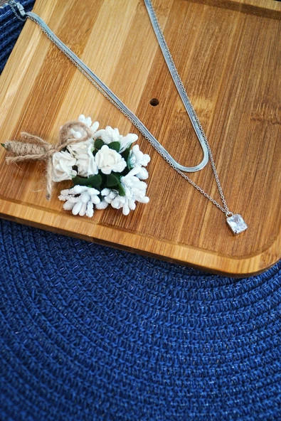 Bakla Model Zirkon Baget Taşlı Zincir Çelik Kolye