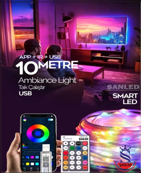 Sese Ve Müziğe Duyarlı Bluetooth Özellikli Rgb Şerit Led - 10 Metre 5050 Smd Iç Mekan 3 Çip