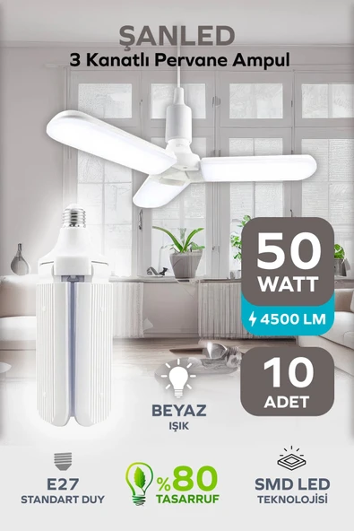 3 Kanatlı Pervane 50W Ampul Beyaz Işık- 10 Adettir