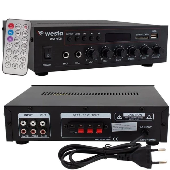 Westa WM-750U 80 Watt 100V-70V Mini 4-16 Ohm USB-SD-Bluetooth 2 Mikrofon Girişli Trafolu Anfi - Resim 3