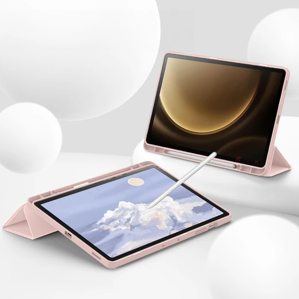 Samsung Galaxy Tab S9 Plus X810 12.4 İnç Kılıf Premium Silikon Kalem Bölmeli Smart Case  Pembe - Resim 5