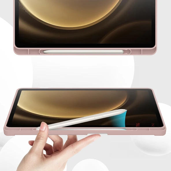 Samsung Galaxy Tab S9 Plus X810 12.4 İnç Kılıf Premium Silikon Kalem Bölmeli Smart Case  Pembe - Resim 2
