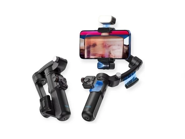 M03 3 Eksenli Telefon Gimbalı - Kamera Takip Özellikli, LED Işık + Dahili Mikrofonlu Vlog Çekim Seti ürün görseli