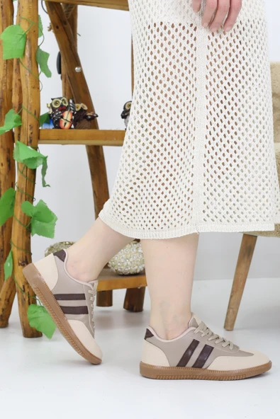 Bej Kahverengi Kadın Günlük Spor Ayakkabı Rahat Tabanlı Sneaker - Resim 3