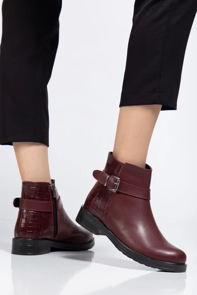 165-204/1 Bordo Kroko Toka Aksesuarlı Fermuarlı Günlük Kadın Bot - 3