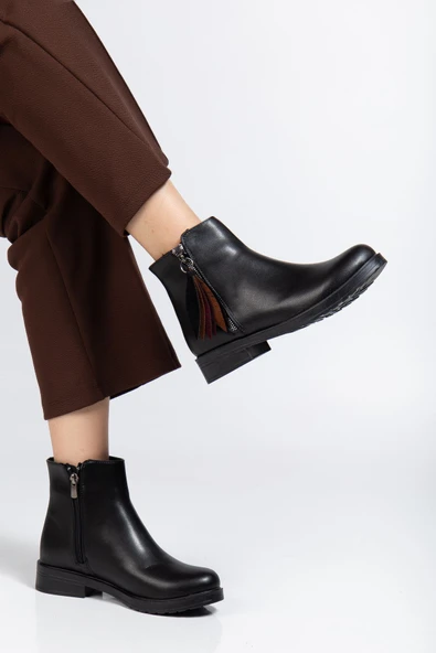 165-205 Siyah Cilt Yaprak Desenli Fermuarlı Günlük Kadın Bot - 2