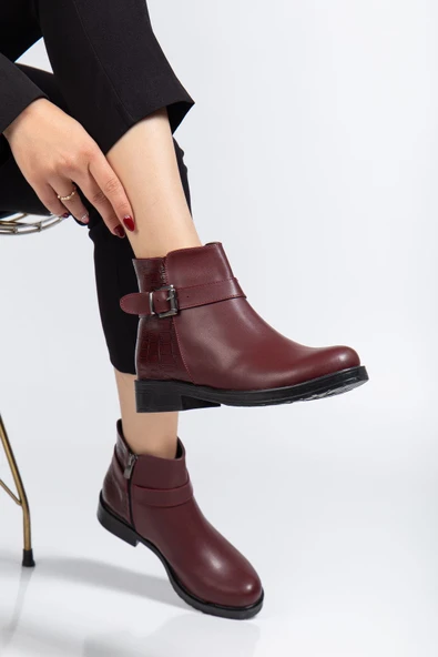 165-204/1 Bordo Kroko Toka Aksesuarlı Fermuarlı Günlük Kadın Bot - 2