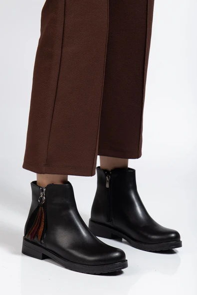 165-205 Siyah Cilt Yaprak Desenli Fermuarlı Günlük Kadın Bot - 3