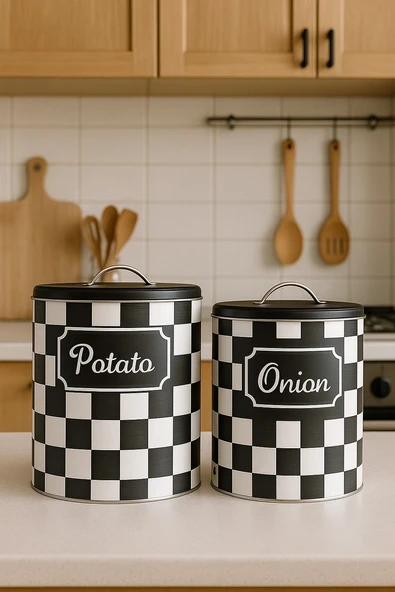 Decorev Siyah Beyaz Kare Desenli 2’li Metal Patates Soğan Saklama Kabı Seti DC-6422 - Resim 2