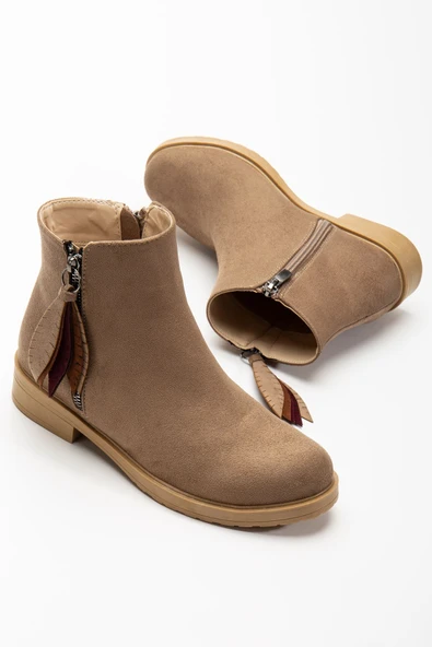 165-205 Vizon Süet  Yaprak Desenli Fermuarlı Günlük Kadın Bot - 4