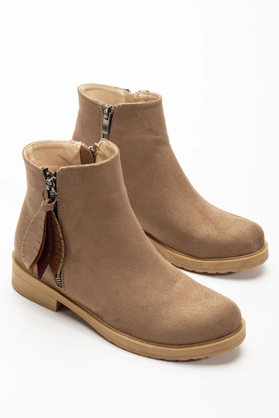 165-205 Vizon Süet  Yaprak Desenli Fermuarlı Günlük Kadın Bot - 5