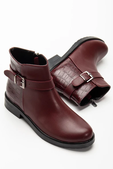 165-204/1 Bordo Kroko Toka Aksesuarlı Fermuarlı Günlük Kadın Bot - 4