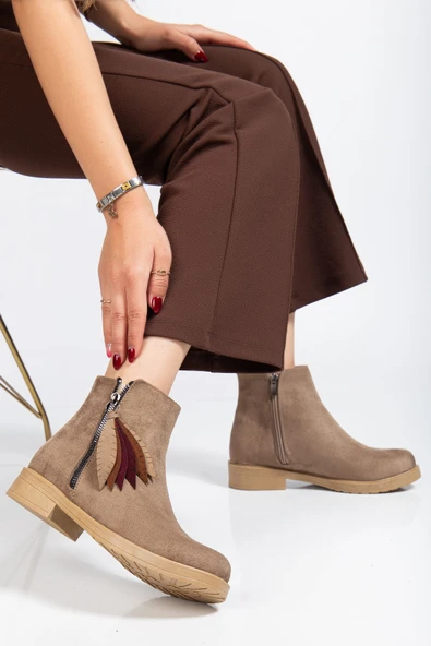 165-205 Vizon Süet  Yaprak Desenli Fermuarlı Günlük Kadın Bot - 2