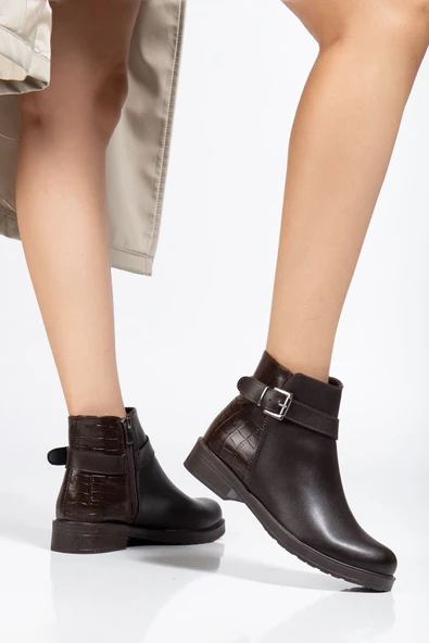 165-204/1 Kahve Kroko Toka Aksesuarlı Fermuarlı Günlük Kadın Bot - 2