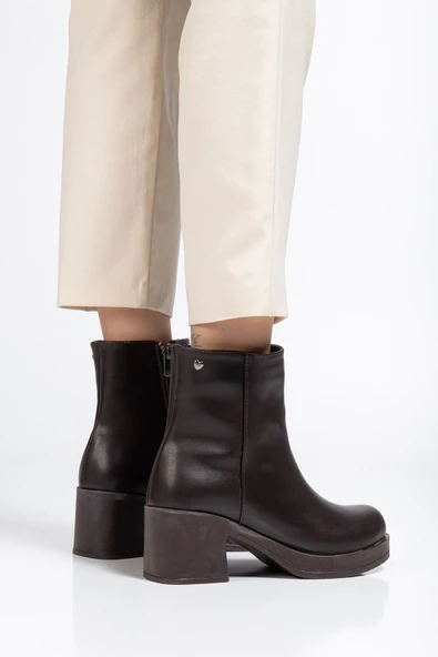 5109-3022 Kahve Fermuarlı Kalın Topuklu Günlük Kadın Bot - 3