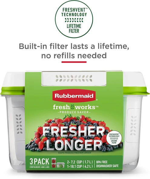 Rubbermaid FreshWorks Saver, Orta Boy Saklama Kapları, 2'li Paket, 7,2 Fincan, Şeffaf, 2 Adet - 2