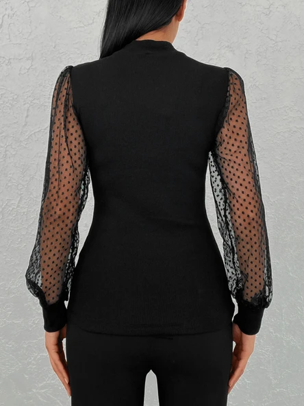 Kadın Siyah Kolu Tül Detaylı Yarım Balıkçı Kaşkorse Bluz - Resim 10