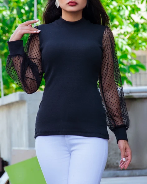 Kadın Siyah Kolu Tül Detaylı Yarım Balıkçı Kaşkorse Bluz - Resim 4