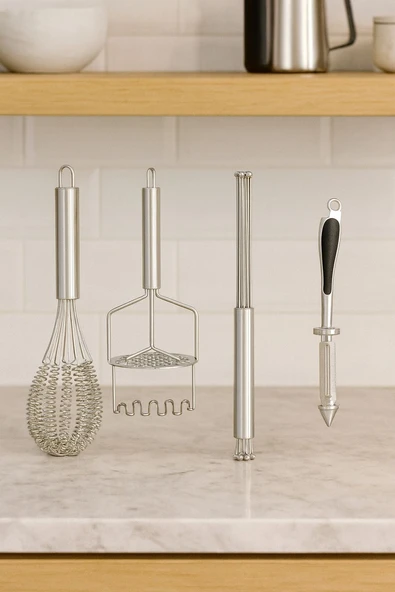 4'lü Paslanmaz Çelik Çırpıcı & Soyacak & Patates Ezici & Balon Çırpıcı Setİ - 4
