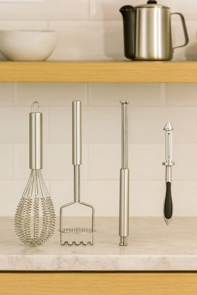 4'lü Paslanmaz Çelik Çırpıcı & Soyacak & Patates Ezici & Balon Çırpıcı Setİ