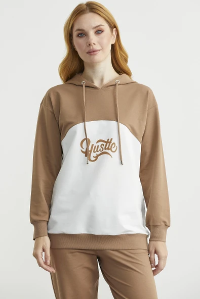 Oversize Kapüşonlu Eşofman Takım - Kamel - Resim 2