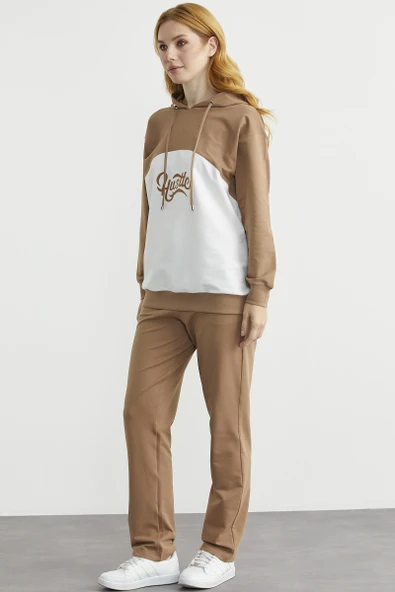 Oversize Kapüşonlu Eşofman Takım - Kamel - Resim 5