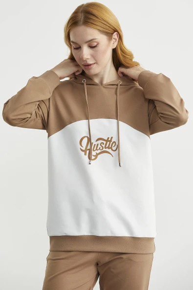 Oversize Kapüşonlu Eşofman Takım - Kamel - Resim 4