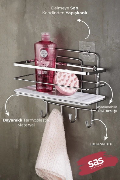 4 Kancalı Yapışkanlı Ayarlanabilir Banyo Rafı – Paslanmaz Kristal Şampuanlık (Yapıştır/Vidala) Krom-Beyaz - LŞ-01 - KBKK - Resim 2
